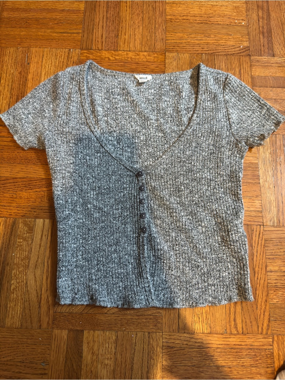 Garage Grey Ribbed Button-Front V-Neck Top